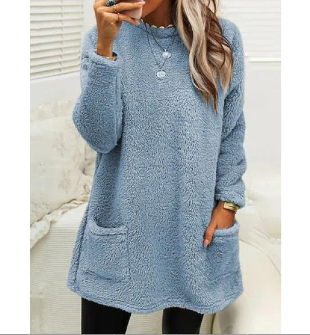 Women's Fleece Pullover Long Sweater With Pockets Winter Warm Casual Long Sleeve Plush Tops