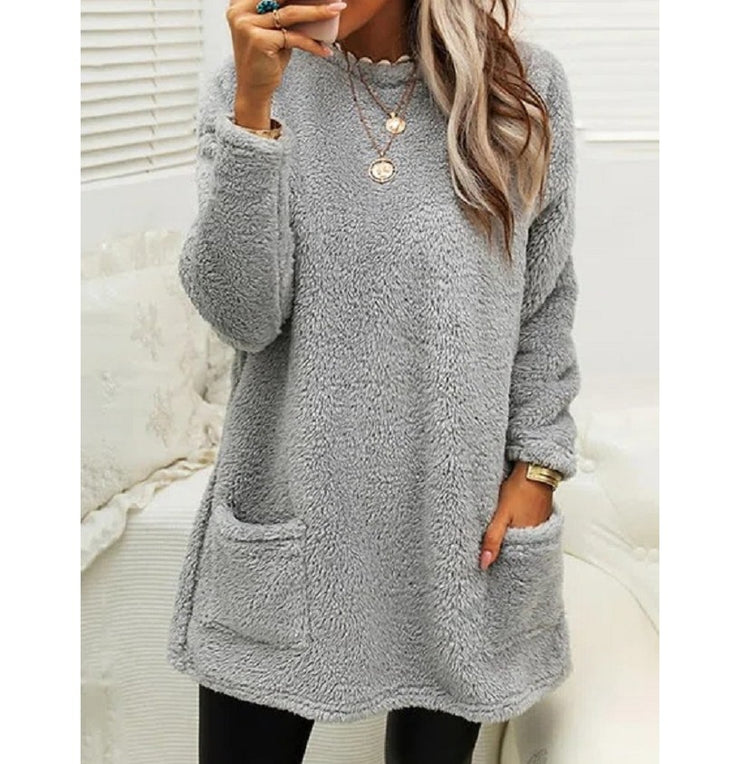 Women's Fleece Pullover Long Sweater With Pockets Winter Warm Casual Long Sleeve Plush Tops