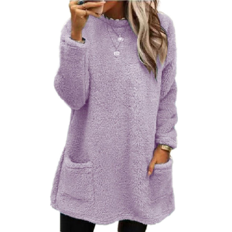 Women's Fleece Pullover Long Sweater With Pockets Winter Warm Casual Long Sleeve Plush Tops